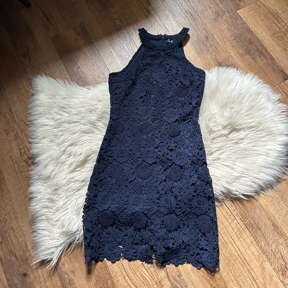 LULU’S Love Poem Navy Blue Lace Mini Dress - Picture 3 of 5